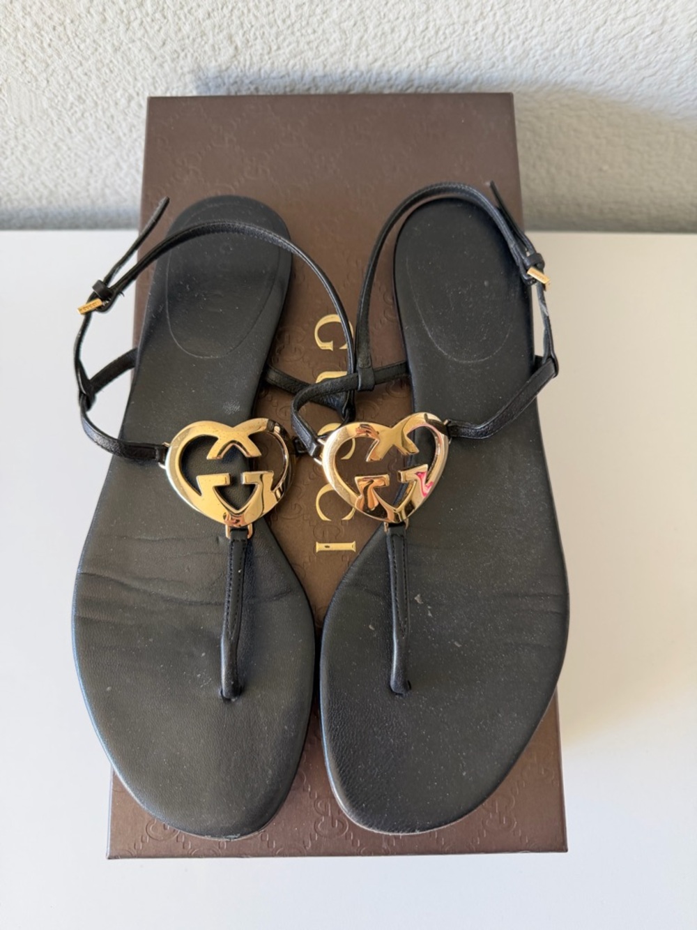 Vintage Gucci Black Sandals with Gold Heart Logo